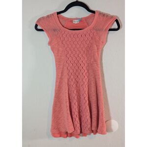 Sherman Girls Coral Pink Crochet Knit Dress Size 8 Cap Sleeve Lined